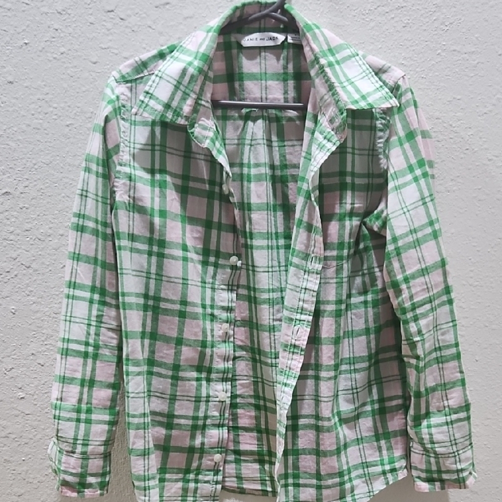 Green and Pink Plaid Button-Up Shirt